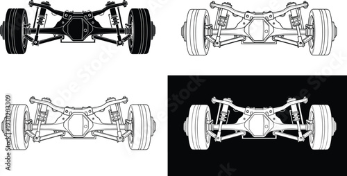 Detailed automotive suspension system chassis illustrations featuring car axles shock absorbers springs and wheels in black and white vector.