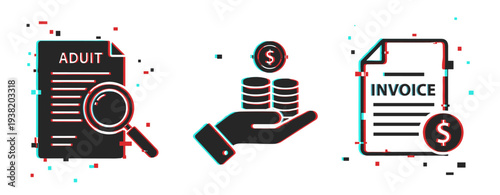 Audit and invoice analysis with currency exchange icon in digital glitch style