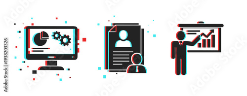 Data analysis and presentation: anaglyph style illustrations of computer, document, and chart