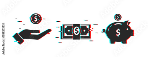 Digital finance concept with hand, money, and piggy bank illustrations in glitch style