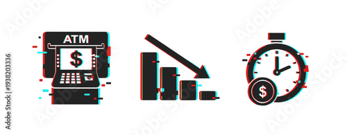 Atm, falling bar graph, stopwatch with coin in glitch effect illustrations