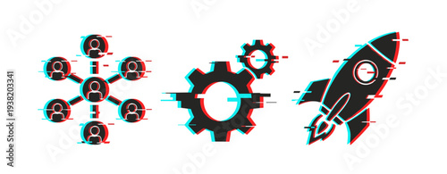 Glitch effect icons: network, gears, rocket for technology and innovation