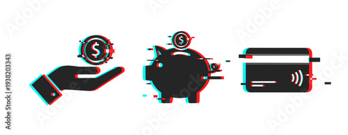 Glitch art of hand with coin, piggy bank, and credit card illustrating financial concepts