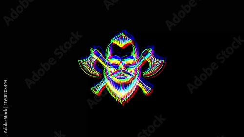 Animated bearded viking skull with a stylish haircut, flanked by two crossed battle axes, featuring a heavy digital glitch effect and RGB shifts on a black background.
