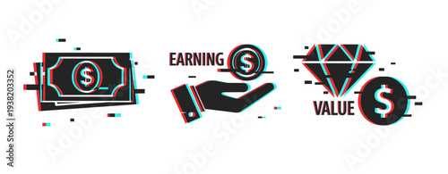 3d glitch effect on finance icons: money, earnings, and value