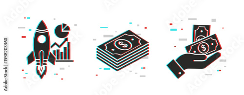 Financial growth: rocket, money, and investment icons with data visuals