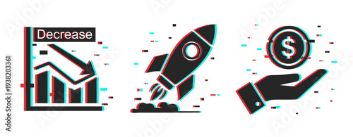 3d glitch icons: decrease chart, rocket growth, financial success hand