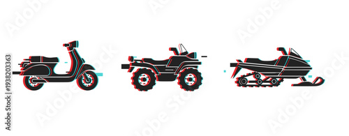 Motor scooter, atv, and snowmobile in retro glitch art style