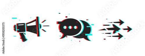 3d glitch art of megaphone, chat bubble, and arrows on white background