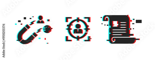 Digital recruitment and privacy: magnet, target, contract icons glitch effect