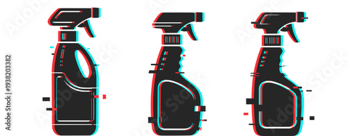 Glitch art of spray bottles in digital anaglyph style