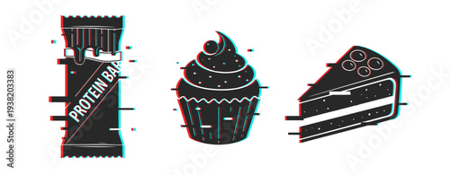 Glitched protein bar, cupcake, and cake slice in black and white