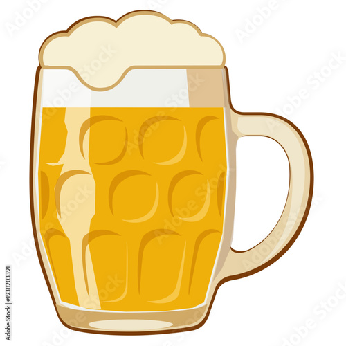 Traditional German Beer Mug Illustration, Oktoberfest Stein Vector. A classic dimpled glass beer mug (Mass) filled with golden lager and thick white foam. Iconic German style illustration