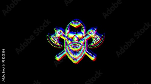 Animated bearded viking skull with a stylish haircut, flanked by two crossed battle axes, featuring a heavy digital glitch effect and RGB shifts on a black background.