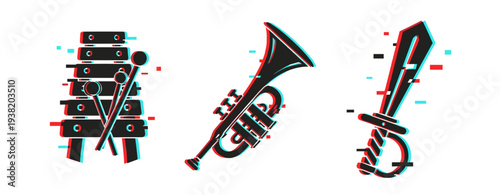 Cartoon musical instruments with glitch effect: xylophone, trumpet, sword