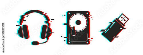 Glitch art of headset, hard drive, and usb stick in red and blue tones