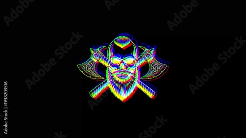 Animated bearded viking skull with a stylish haircut, flanked by two crossed battle axes, featuring a heavy digital glitch effect and RGB shifts on a black background.