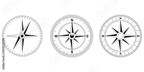 Three Black And White Compass Designs On A White Background navigation direction