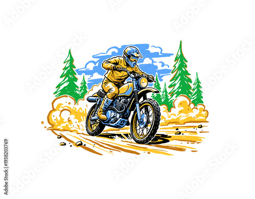 Motocross rider illustration for t-shirt. Dirt bike artwork for apparel, sticker, poster. Off road adventure. Extreme sport graphic design. Motorcycle