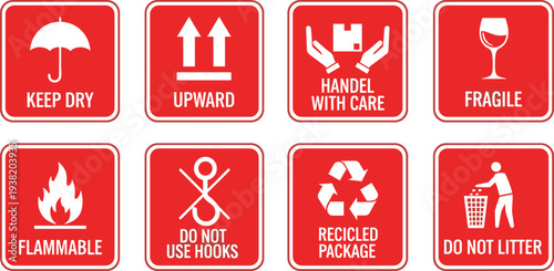 Red shipping and handling label icons set featuring fragile flammable keep dry and recycled package warning symbols vector.