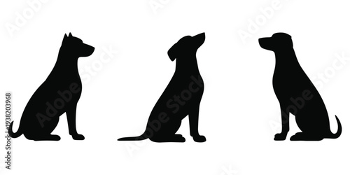 Three black dog silhouettes sitting in a row on a white background Keywords: dog, silhouette, sitting, animal, canine, pet