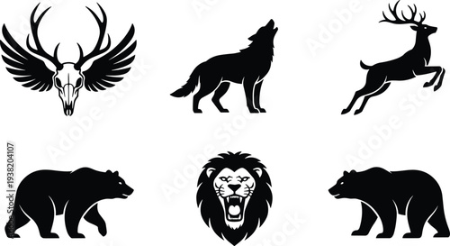 Wild animal silhouette set featuring wolf, deer, bear, lion head and antler skull isolated vector icons for wildlife design