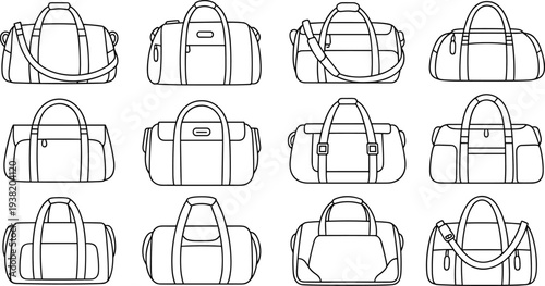Twelve black and white line art duffel bags with straps and handles Keywords: duffel bag, luggage, travel bag, sports bag, gym