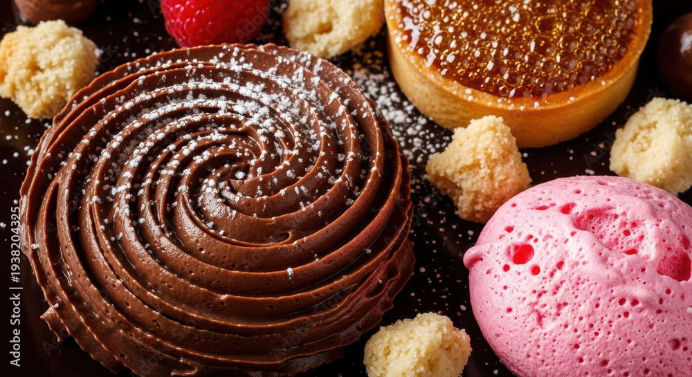 Fototapeta premium Chocolate dessert chocolate tart raspberry caramel tart pink mousse pastry sweet gourmet bakery swirl pattern chocolate dessert plate with chocolate tart, caramel tart, raspberry and pink mousse