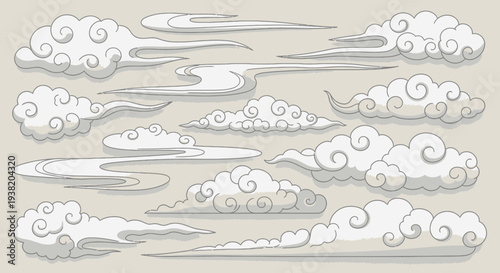 Stylized Asian Clouds Vector Art - Traditional Swirling Sky Elements