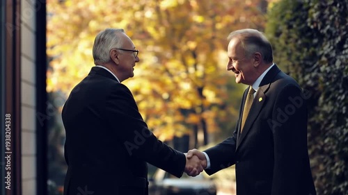 Cordial Handshake: Two men in business attire, poised on the cusp of an agreement, extend a welcoming handshake under the warm, autumnal glow of trees. A moment of respect and partnership.