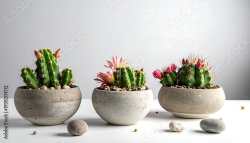 Three cactus plants, each in a small gray pot, with pink flowers against a light background on a bright white surface