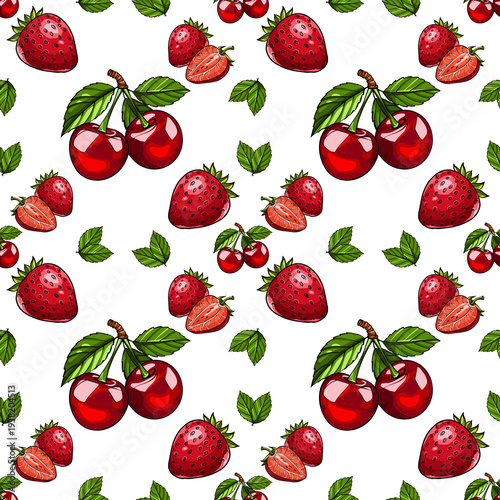 Seamless pattern of strawberries and cherries. Botanical template.
