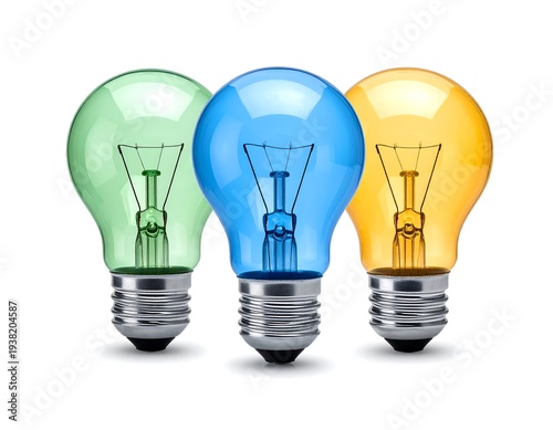 Three lightbulbs, green, blue, and yellow, stand side-by-side with metallic bases on a white background