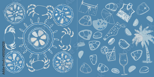 Stylized summer illustration featuring citrus crabs and beachside items