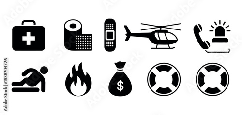 Emergency Safety Silhouette Icon Set Featuring Medical Rescue Firstaid Alert Protection Warning Health Security Support Vector Symbols