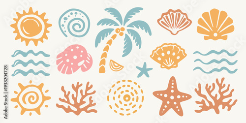 Stylized summer icons including suns shells palm trees and marine life