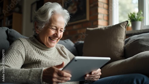 Elderly Woman Smiling While Using Tablet on Cozy Sofa at Home