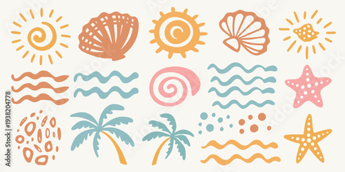Summer themed illustration featuring shells suns waves and tropical plants