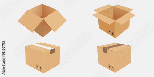 Four cardboard boxes in various perspectives illustrating packaging and shipping