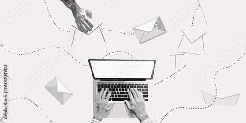 Hands typing on a laptop with floating email icons and dotted lines