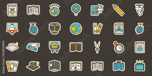 Colorful collection of education and learning themed icons on a dark background
