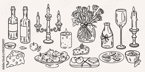 Doodle style arrangement of bottles candles fruit cheese and glassware