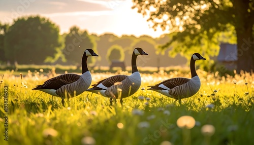 Three Canada geese stroll through a sun-drenched grassy field at sunset, with trees silhouetted in the distance