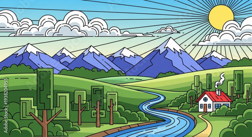 Serene landscape with river and mountains under sunny sky.