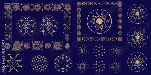 Intricate geometric patterns and floral designs on a deep blue background