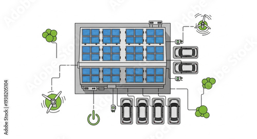 Diagram of a solar panel system powering electric cars.