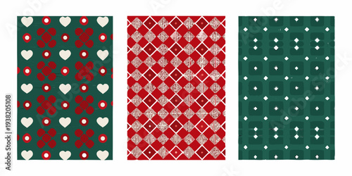 Three festive seamless patterns with hearts diamonds and squares