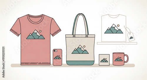 Collection of Merchandise Featuring Mountain Design on Various Products.