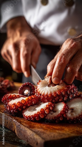Expert chef skillfully preparing octopus for dish