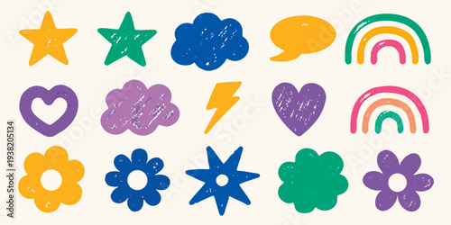 Colorful hand drawn shapes and doodles arranged in a grid pattern